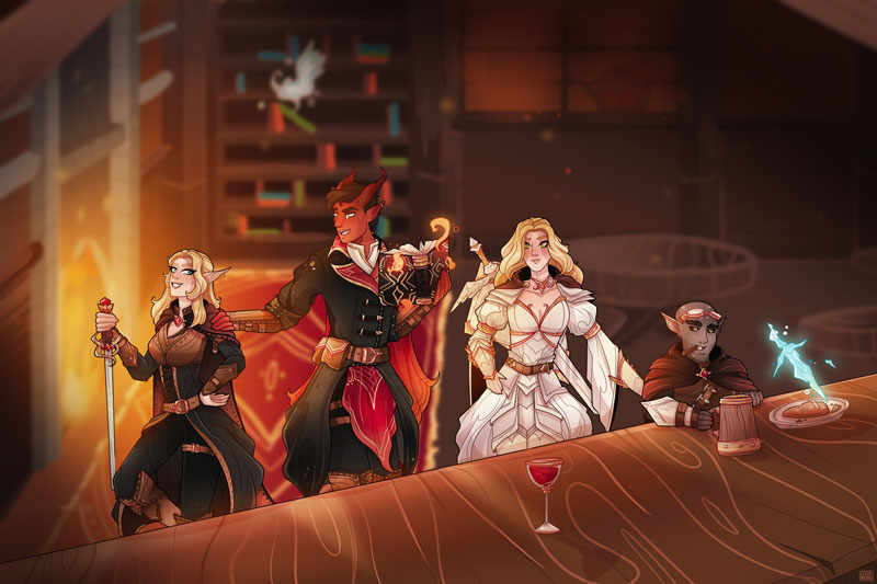 Portrait-character-design-example,-a-dungeons-and-dragons-party-in-a-tavern