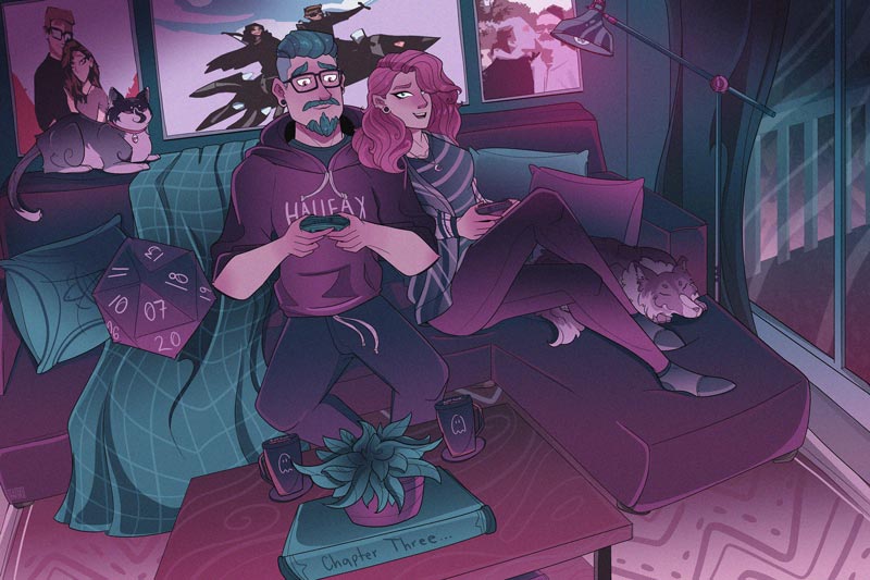 An-illustration-of-artist-CasualPancakes-and-her-Fiance-surrounded-by-their-animals