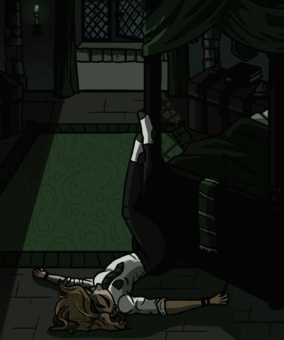 An-illustration-and-gif-of-a-slytherin-girl-resting-and-summoning-a-patronus-fox