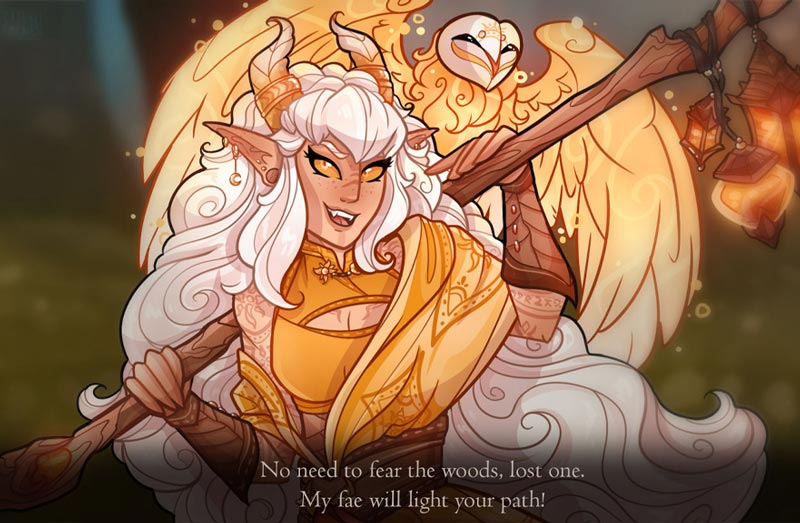 Portrait-character-design-example,-a-personal-dungeons-and-dragons-tiefling-druid-and-her-fae-companion