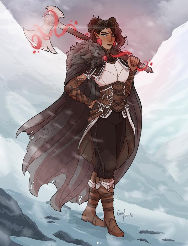 An-illustration-of-a-barbarian female fighter with a great axe swirling with magic